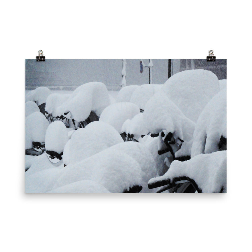 snow bikes |Bicycles hide from their owners in Aomori, Japan.